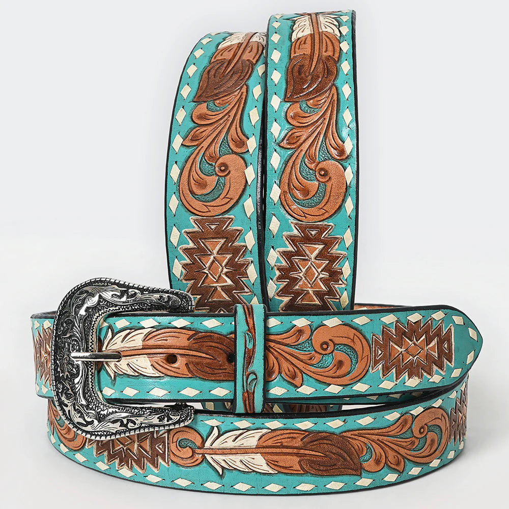 Turquoise Feather Aztec Tooled Belt #212