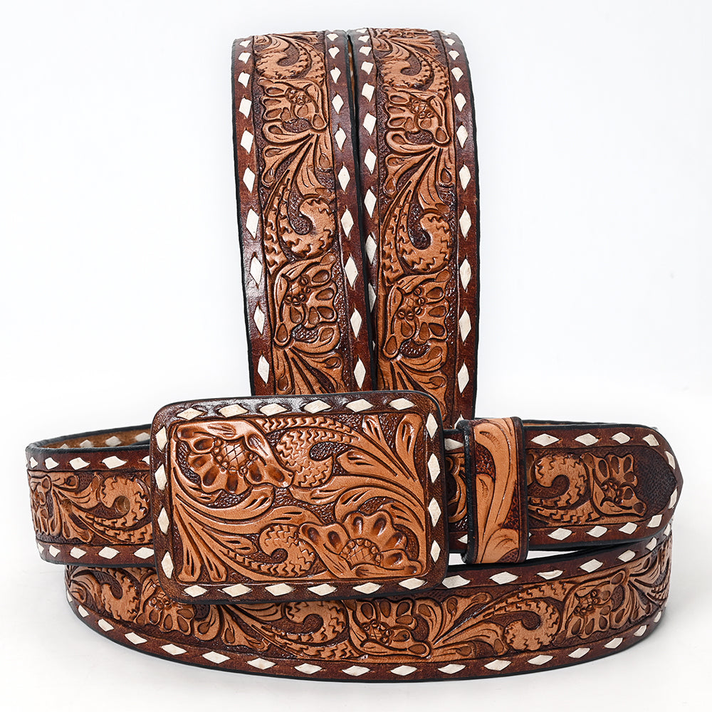 Brown Tooled Buckstitch Belt #175