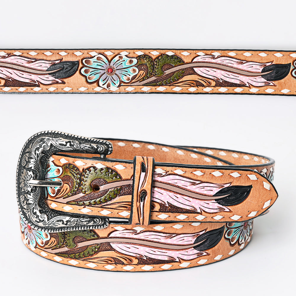Pink Feather Tooled Belt #152