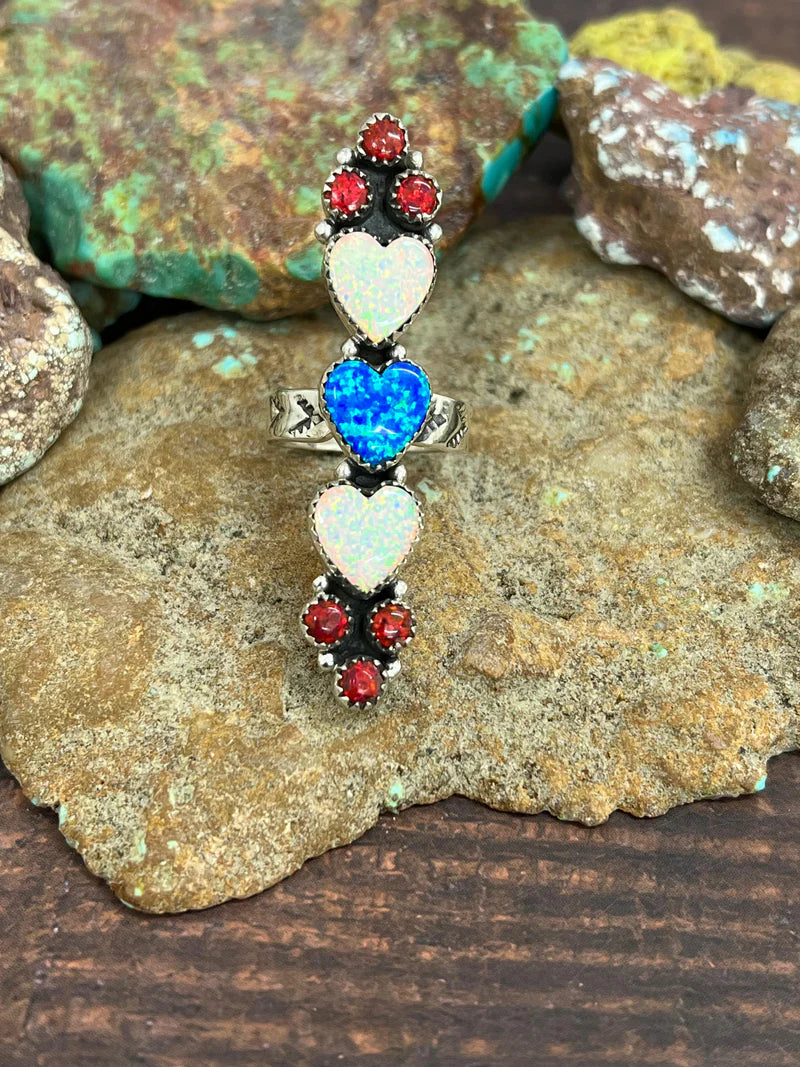 Opal Heart Cluster Adjustable Ring - 4th of July