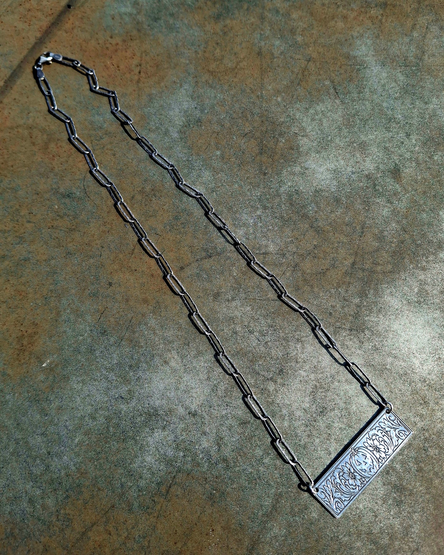 Large Sterling Pumpkin Bar Necklace - Halloween