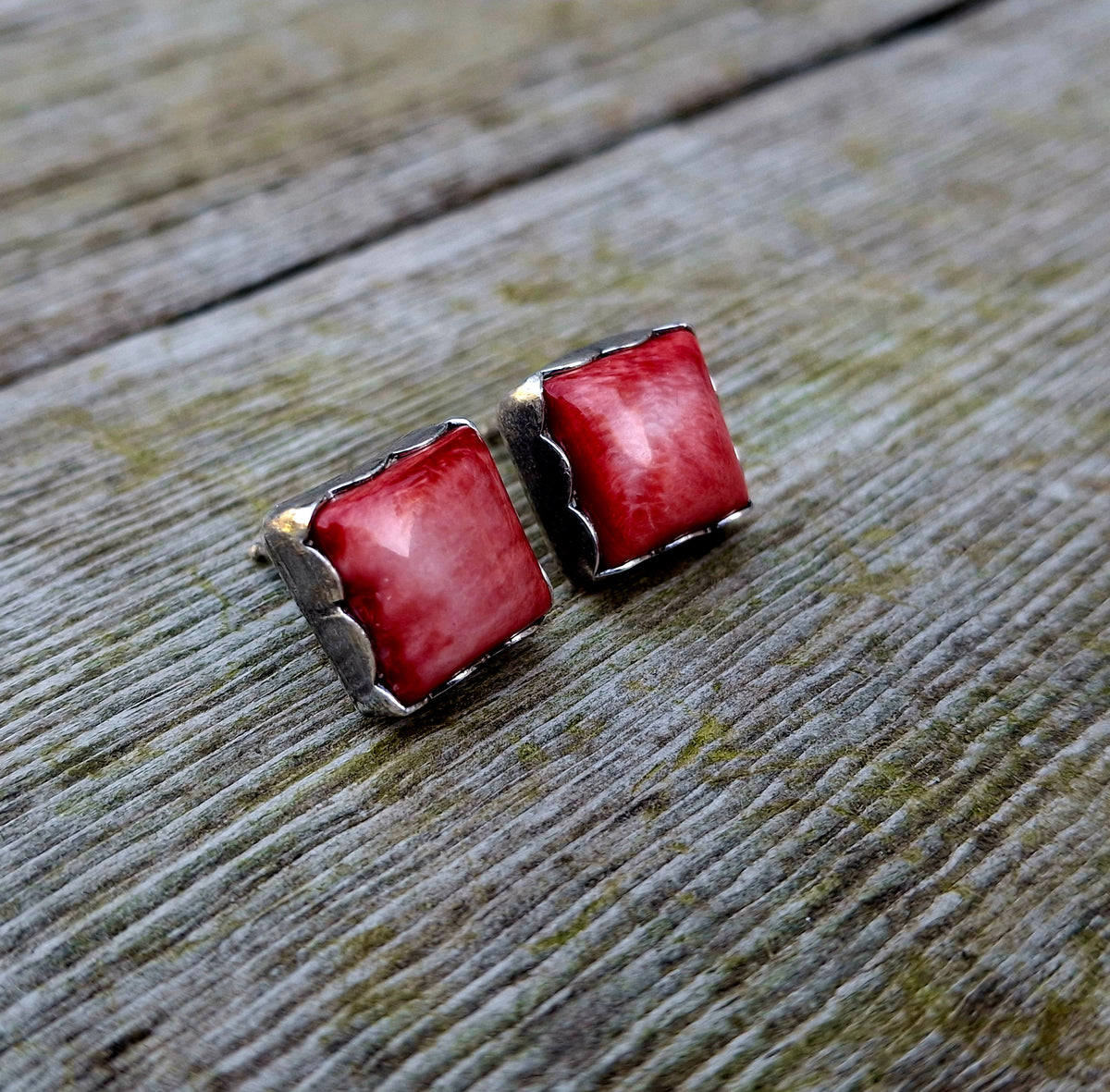 Red Spiny Square Studs