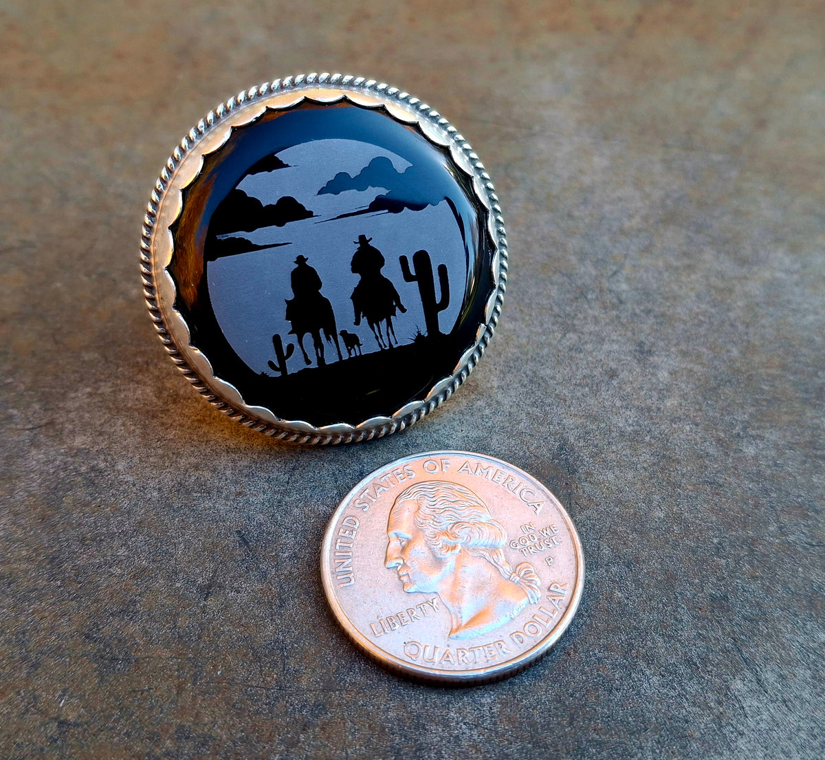 Black Onyx Desert Scene Adjustable Ring
