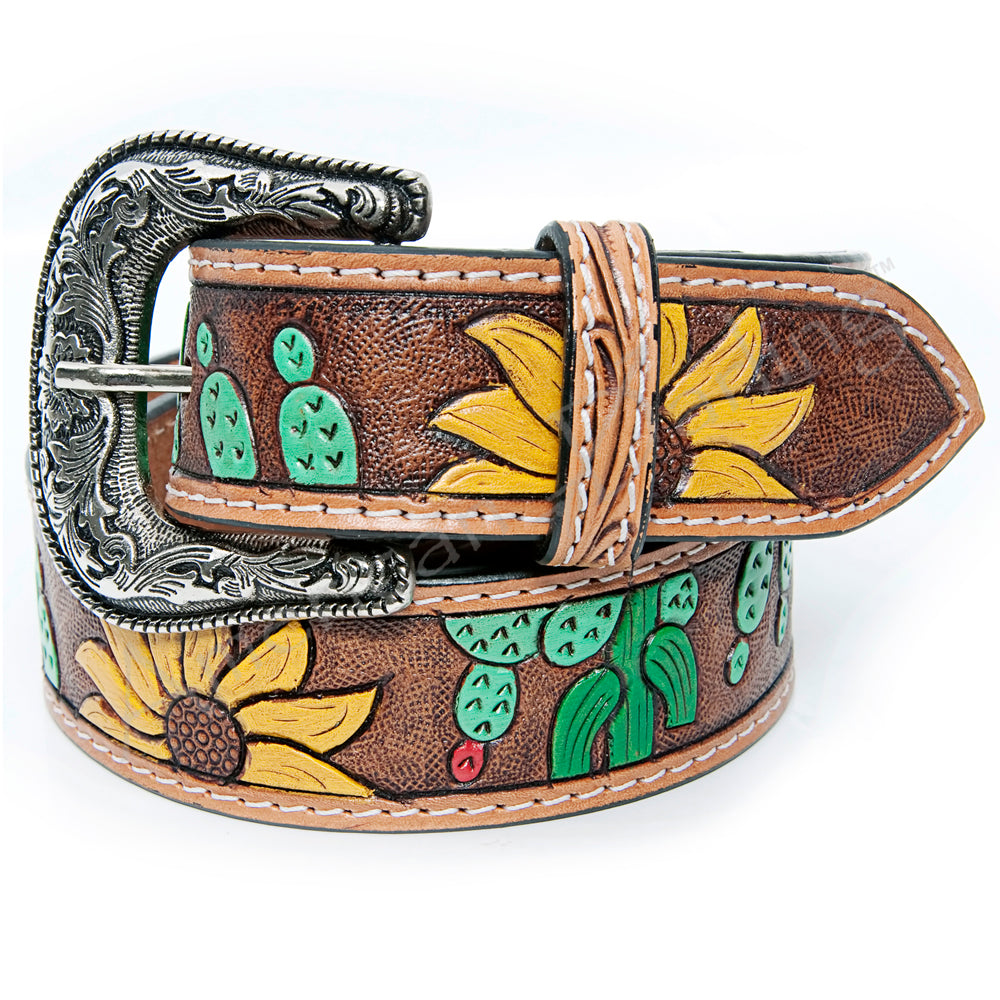 Sunflower Cactus Tooled Belt #101