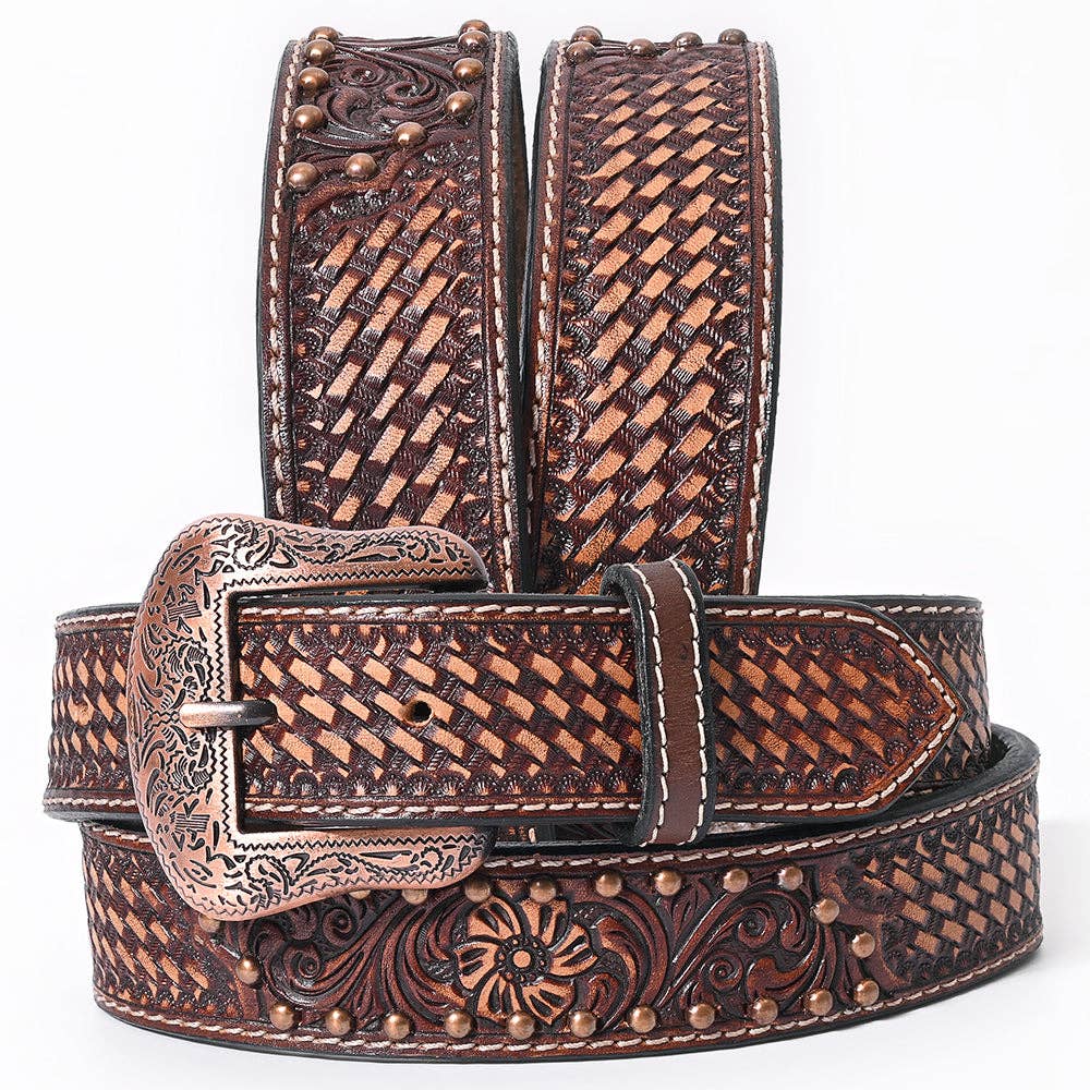 Tooled Floral Copper Stud Tooled Belt #230