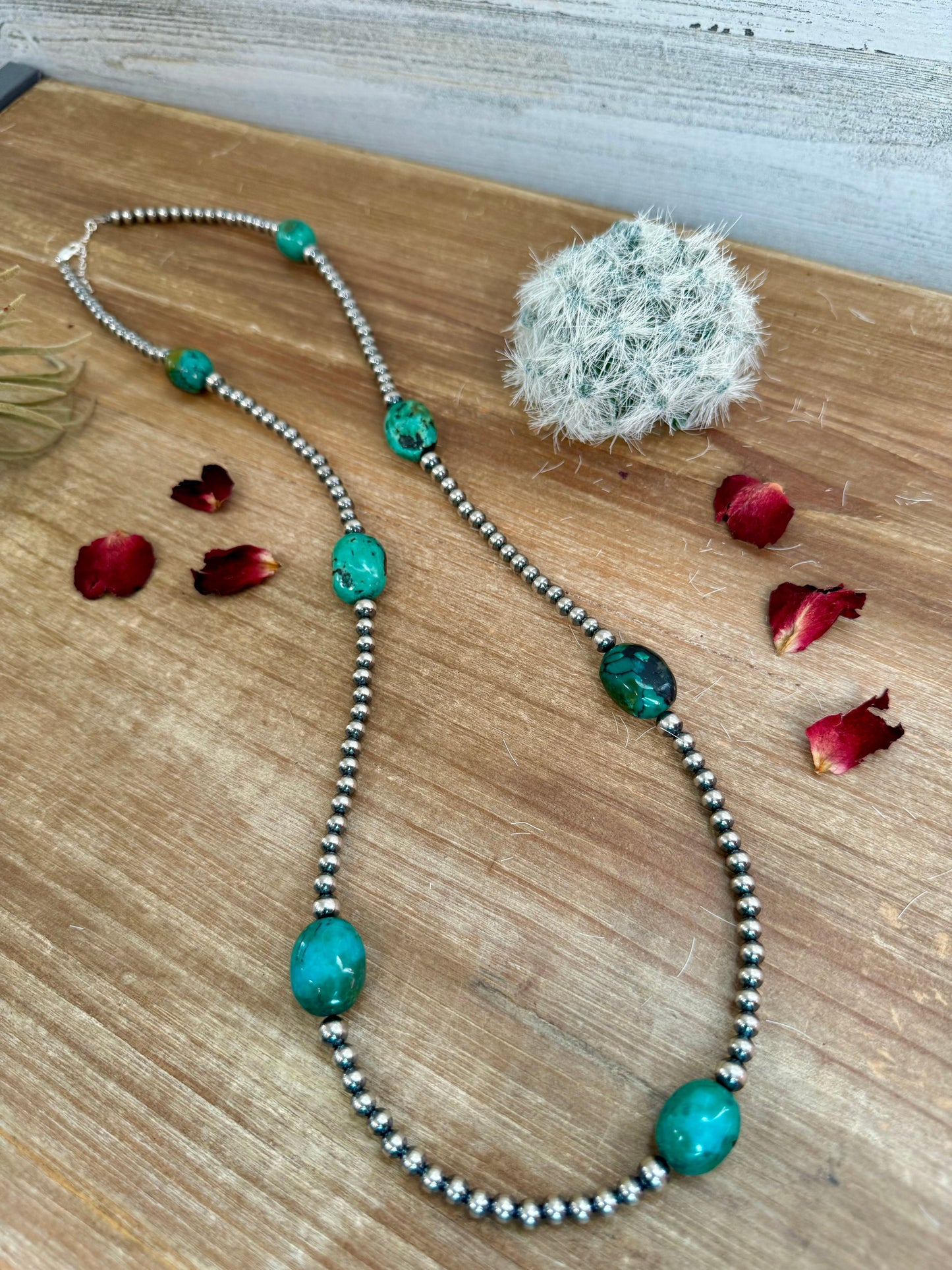 30 inch 5 mm Sterling Silver Pearls necklace with turquoise