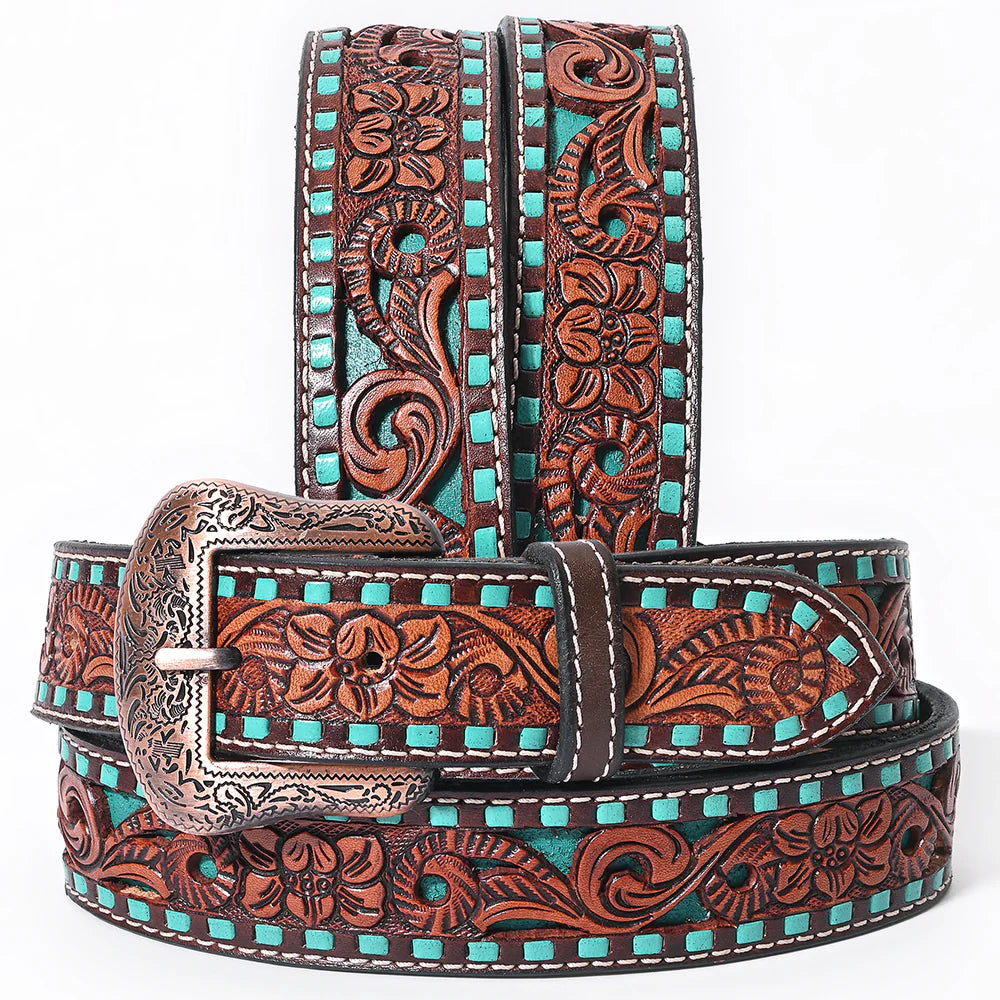 Turquoise Tooled Overlay Buckstitch Belt #241