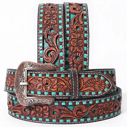 Turquoise Tooled Overlay Buckstitch Belt #241