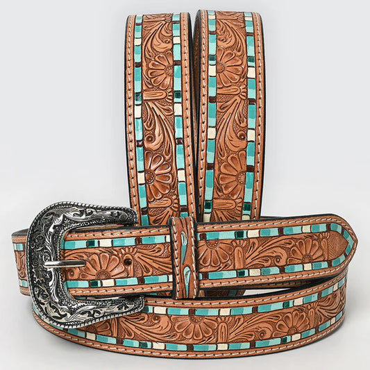 Turquoise Mosaic Tooled Leather Belt #210