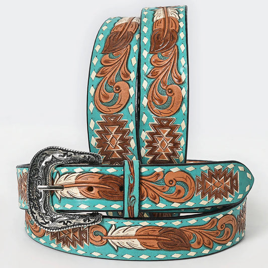 Turquoise Feather Aztec Tooled Belt #212