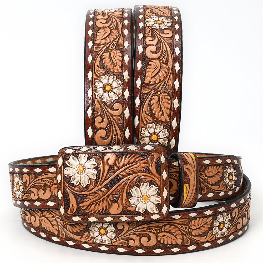 White Daisy Tooled Buckstitch Belt #184