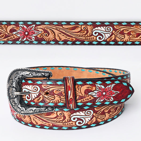 Red Floral Tooled Turquoise Buckstitch Belt #170