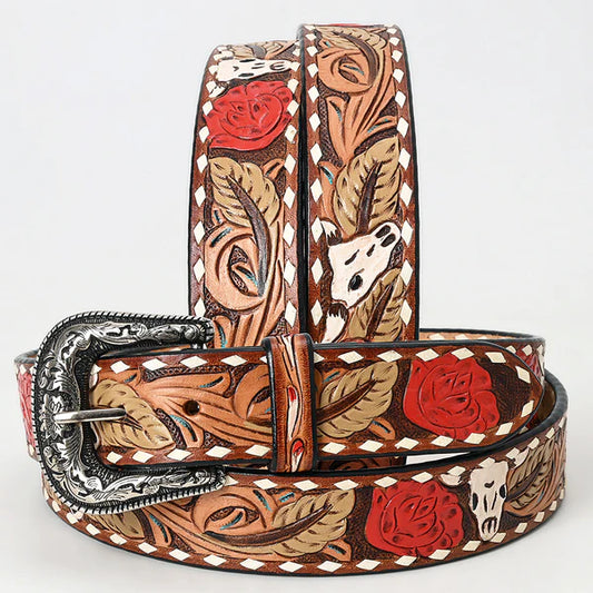 Red Rose Skull Tooled Belt #250