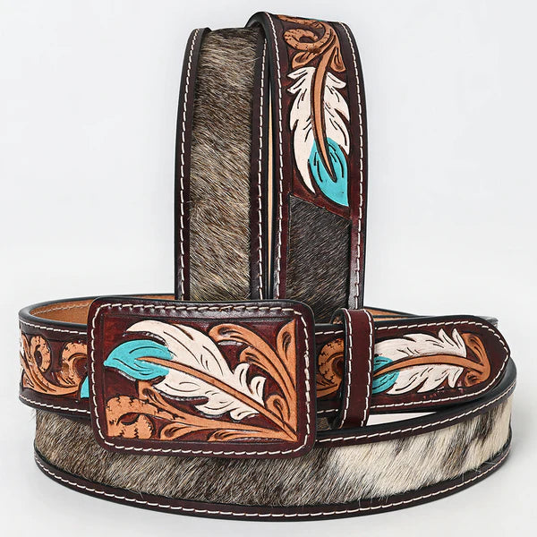 Cowhide Tooled Feather Belt #268