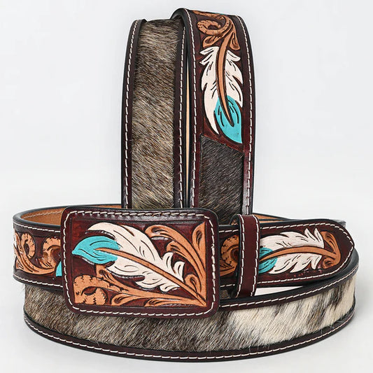 Cowhide Tooled Feather Belt #268