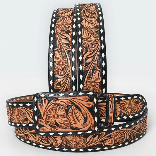Black Tooled Buckstitch Belt #290