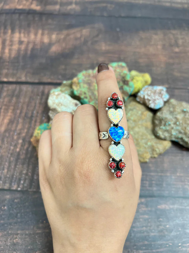 Opal Heart Cluster Adjustable Ring - 4th of July