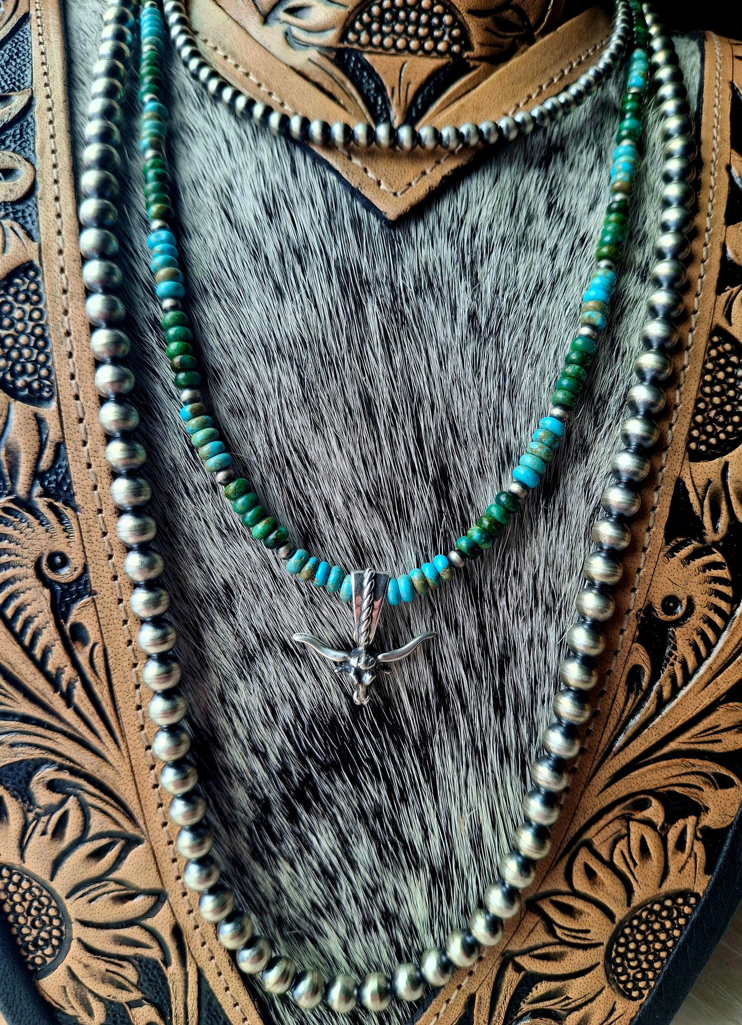 Lone Mountain, Hubei, Sterling Pearl, Longhorn Necklace