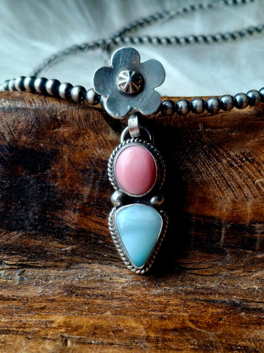 Pink Conch/Larimar Flower Bail Pendant