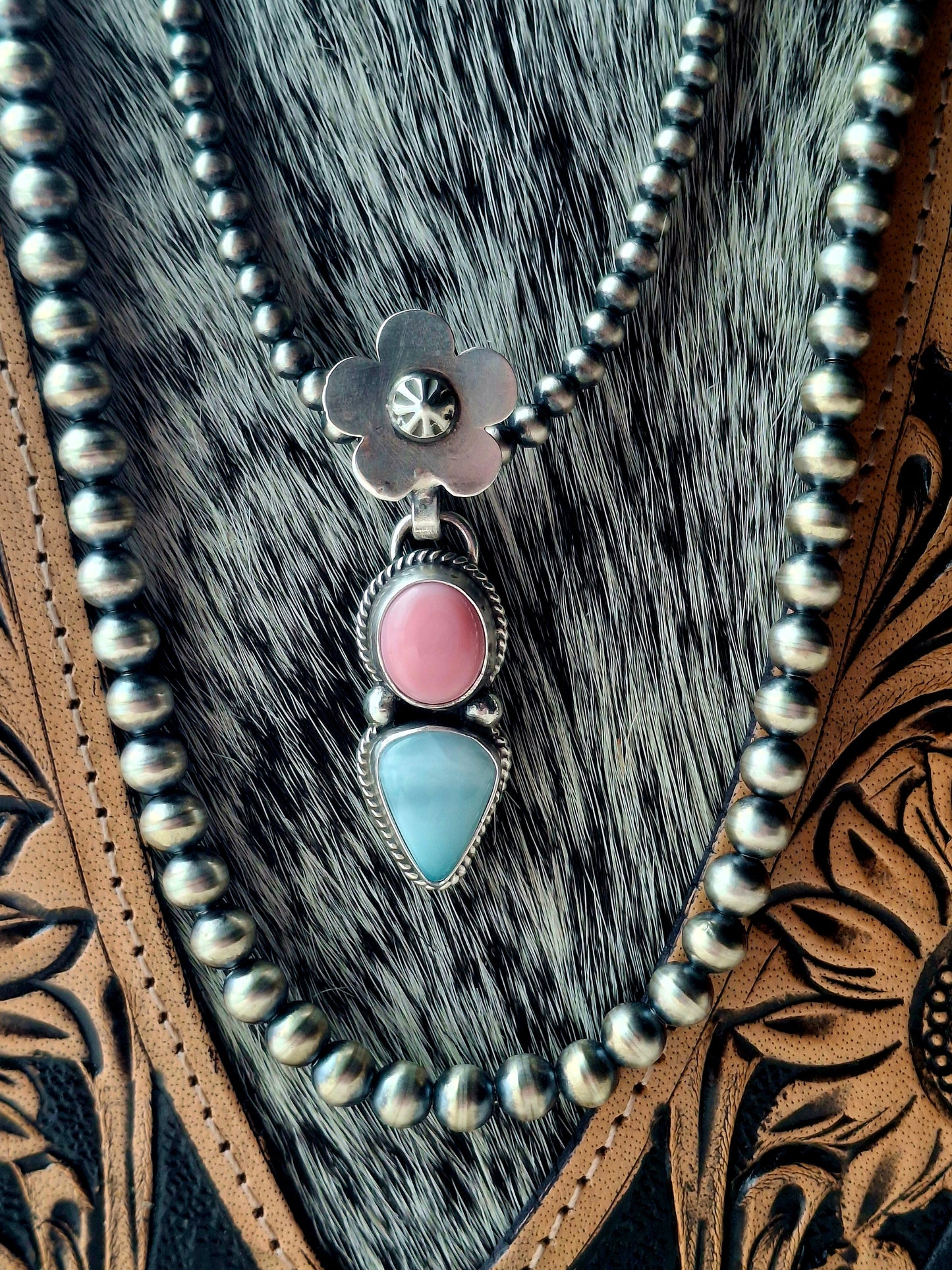 Pink Conch/Larimar Flower Bail Pendant