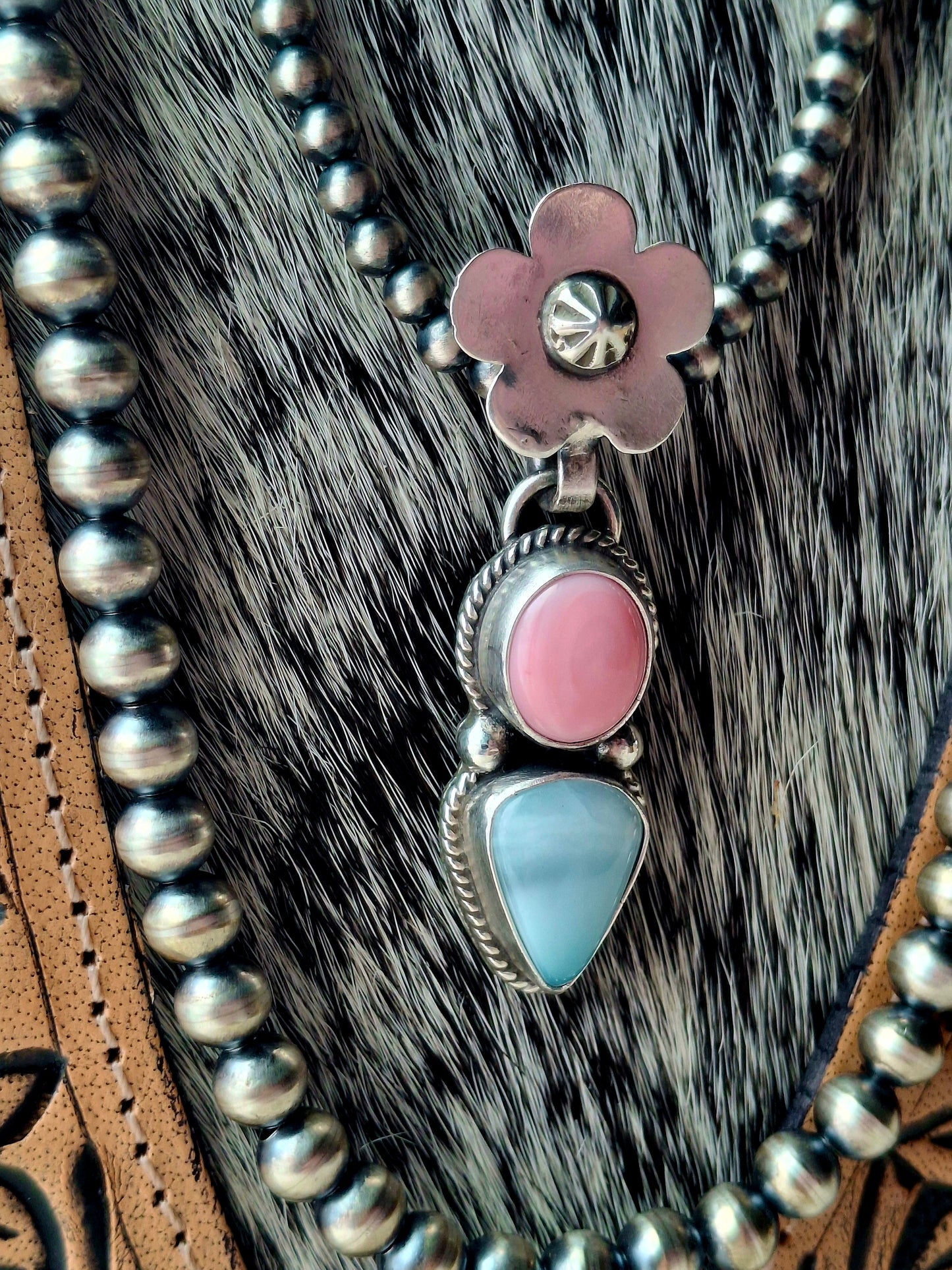 Pink Conch/Larimar Flower Bail Pendant