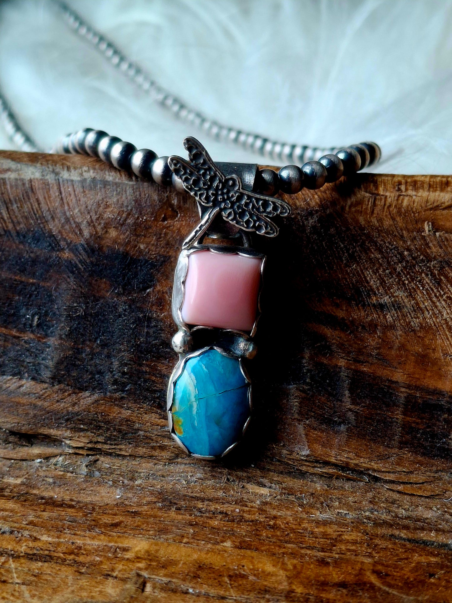 Pink Conch/Blue Peruvian Opal Dragonfly Pendant