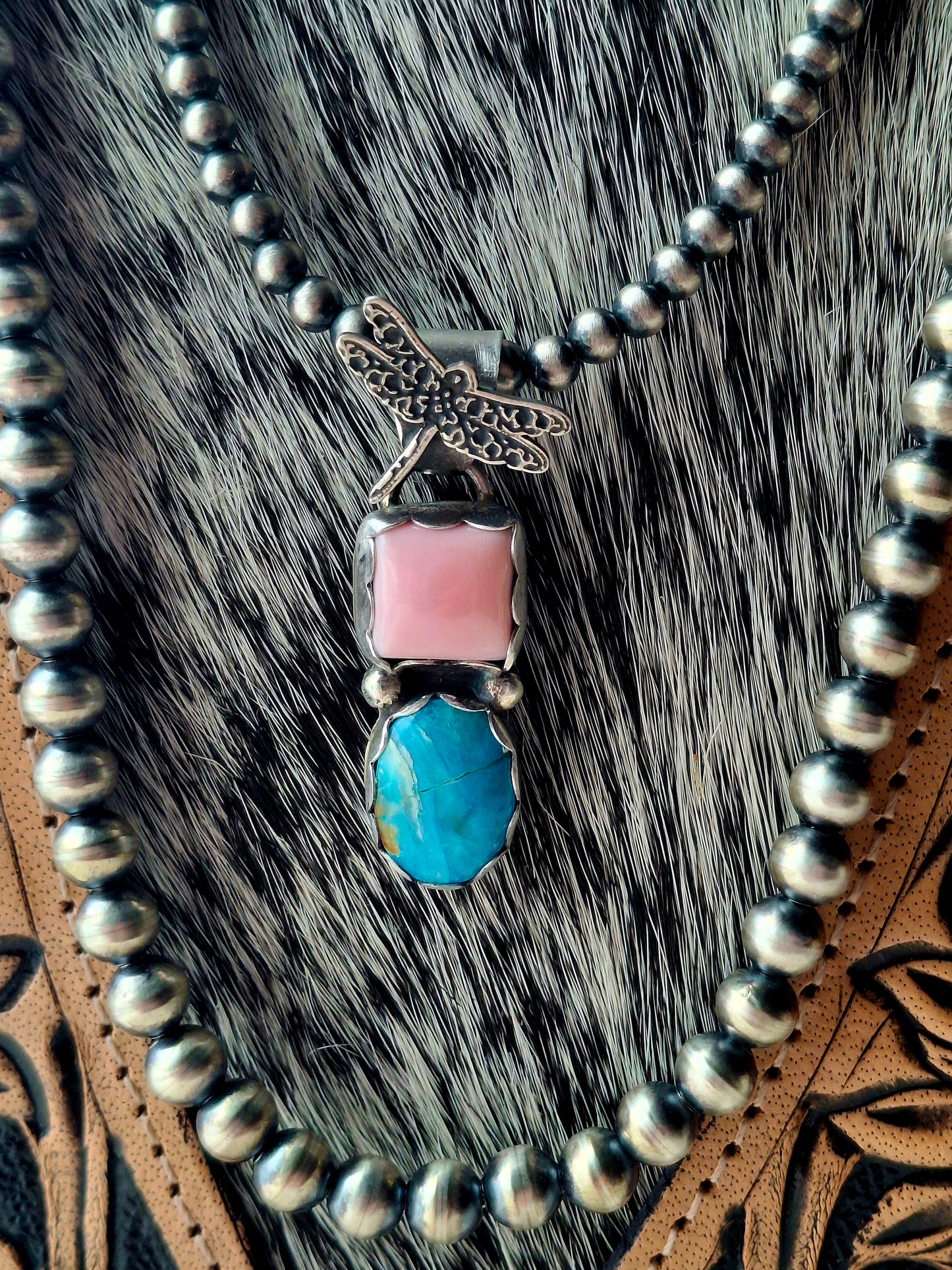 Pink Conch/Blue Peruvian Opal Dragonfly Pendant