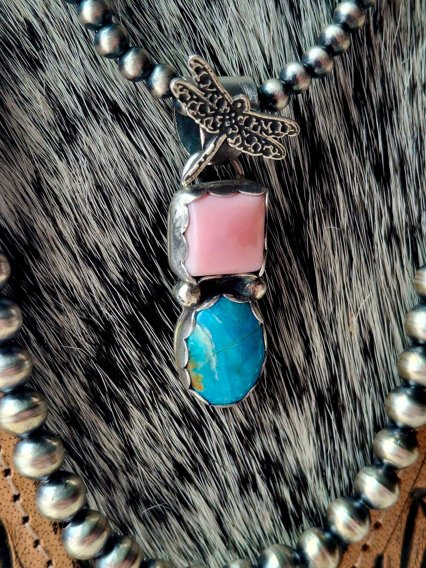 Pink Conch/Blue Peruvian Opal Dragonfly Pendant