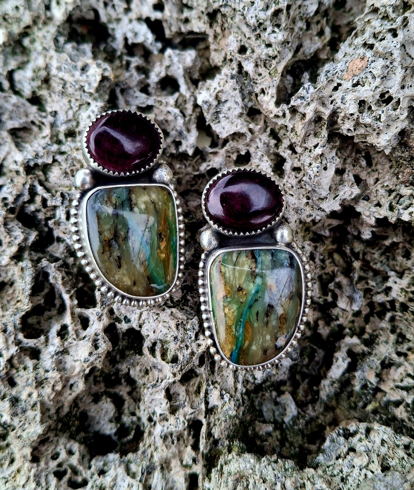 Purple Spiny Oyster/Blue Peruvian Opal Studs