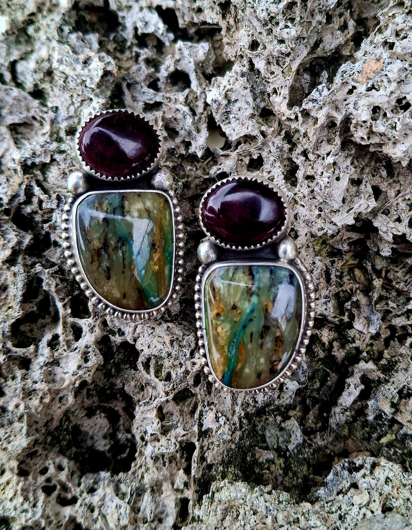 Purple Spiny Oyster/Blue Peruvian Opal Studs