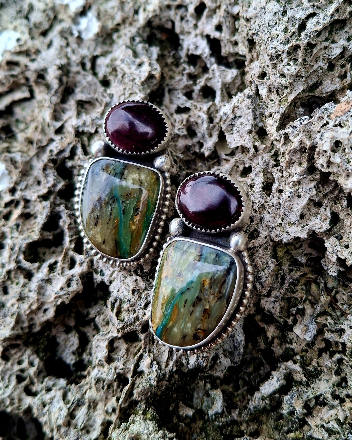 Purple Spiny Oyster/Blue Peruvian Opal Studs