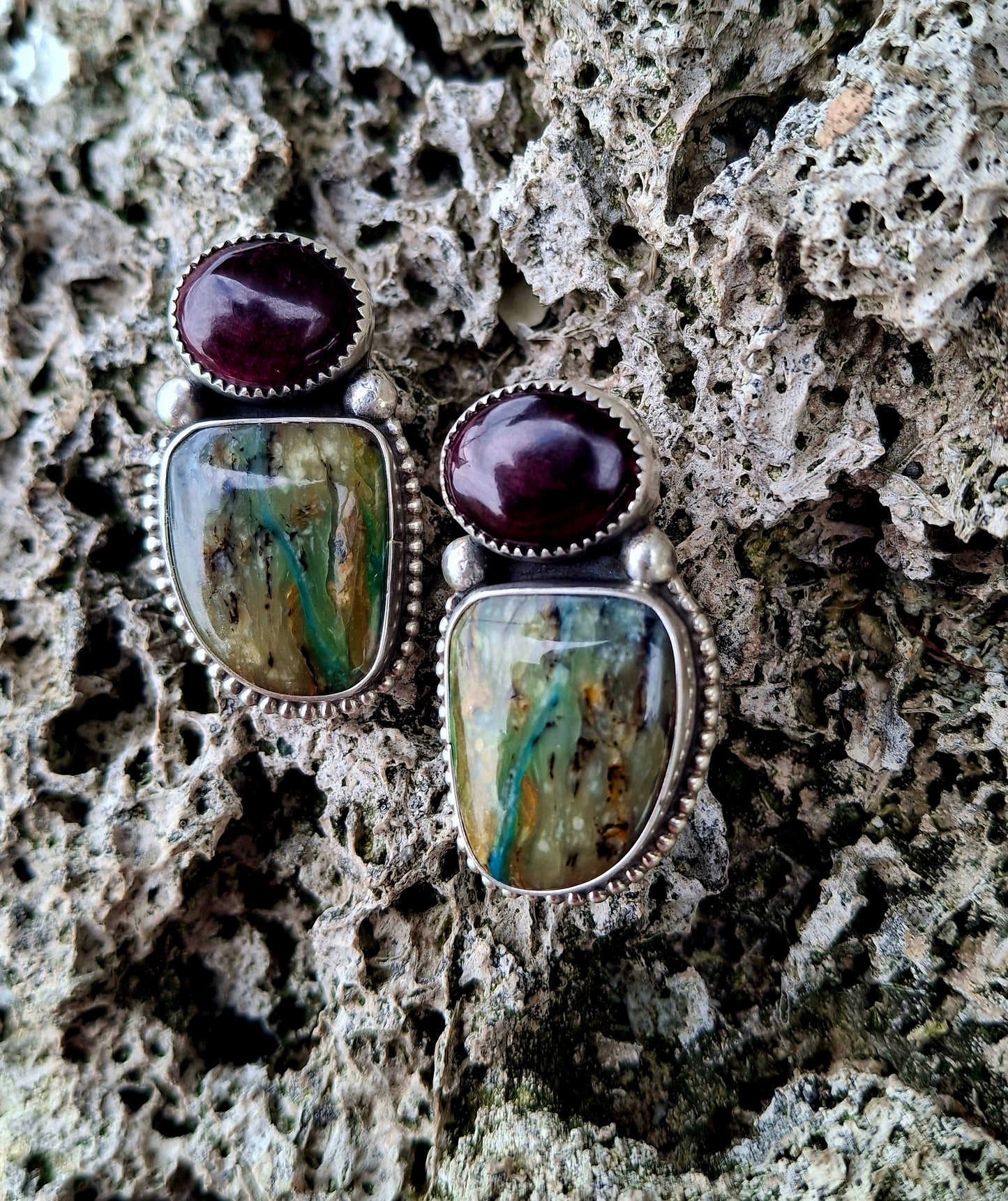 Purple Spiny Oyster/Blue Peruvian Opal Studs