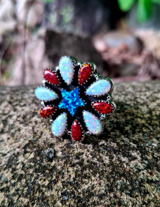 Opal Star Cluster Adjustable Ring - 4th of July