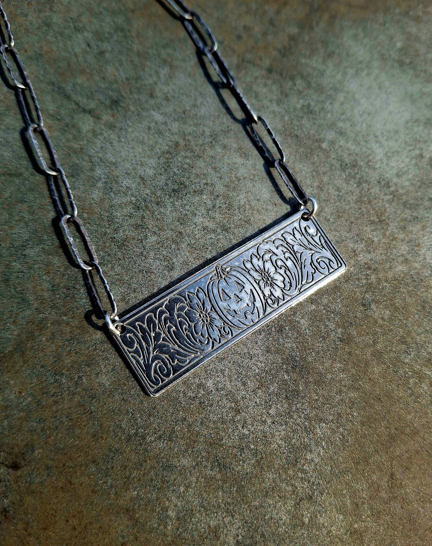 Large Sterling Pumpkin Bar Necklace - Halloween