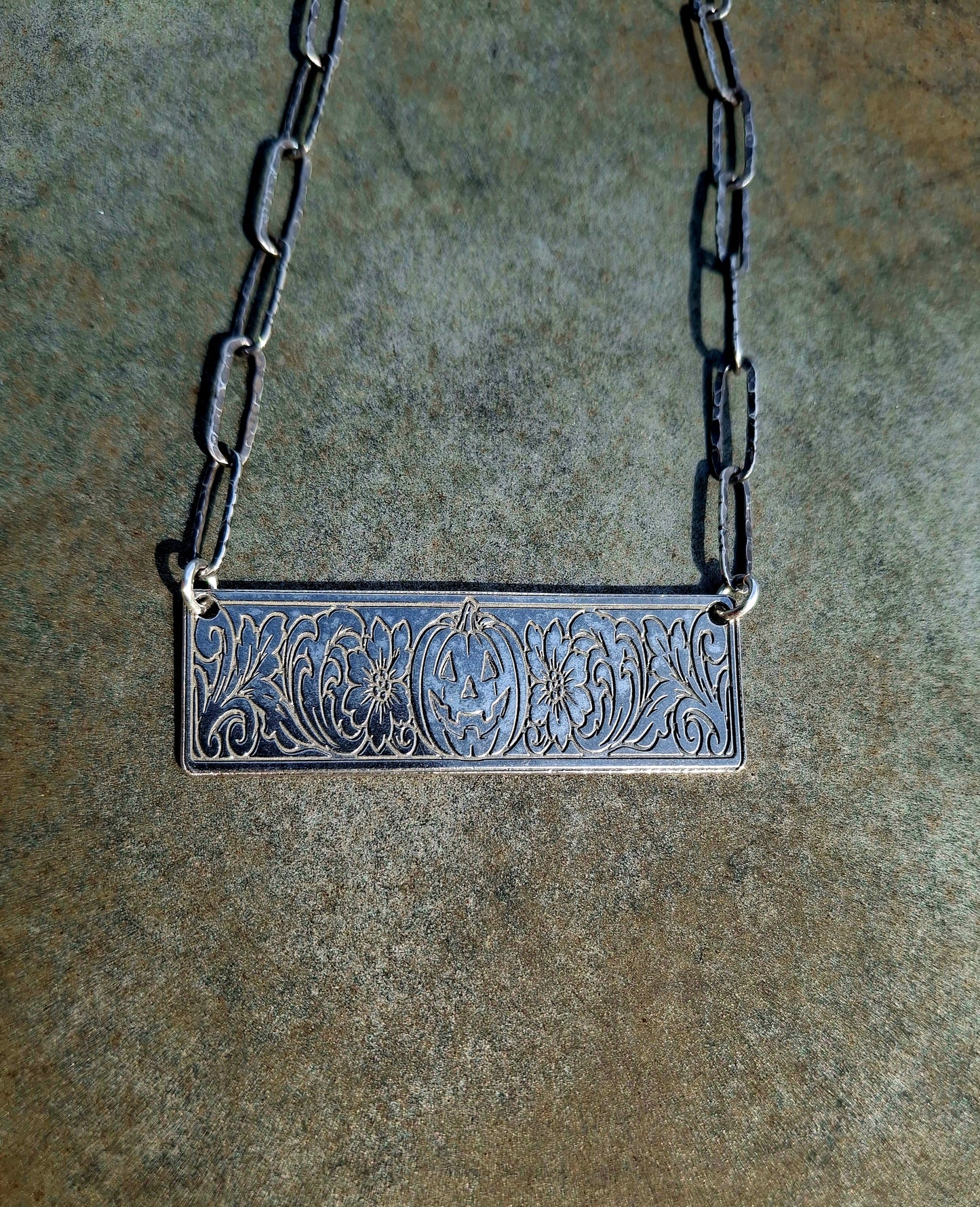 Large Sterling Pumpkin Bar Necklace - Halloween