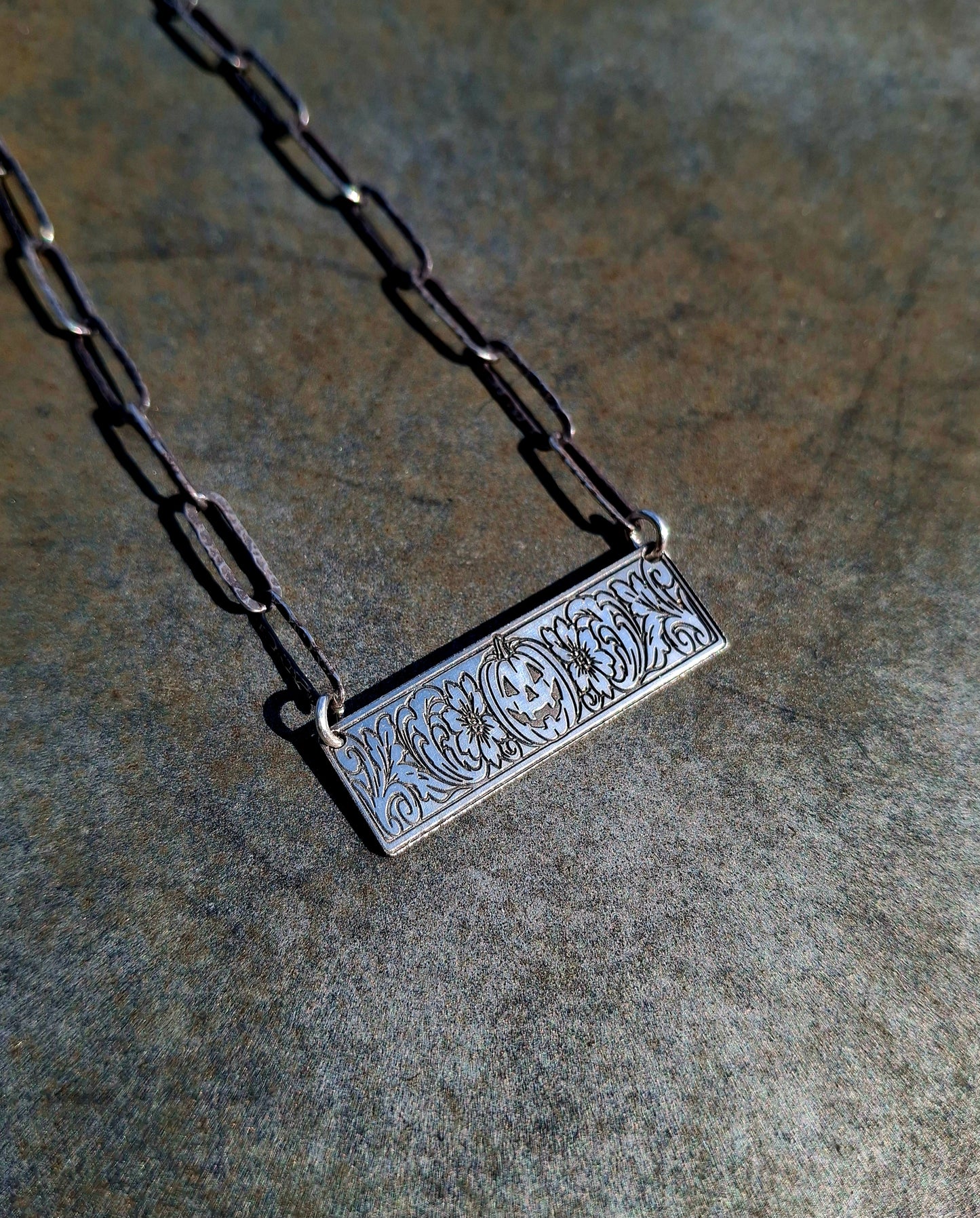 Small Sterling Pumpkin Bar Necklace - Halloween