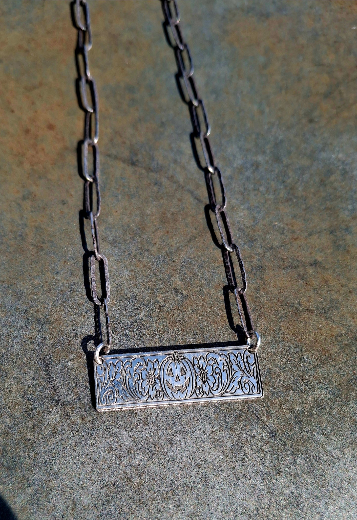 Small Sterling Pumpkin Bar Necklace - Halloween