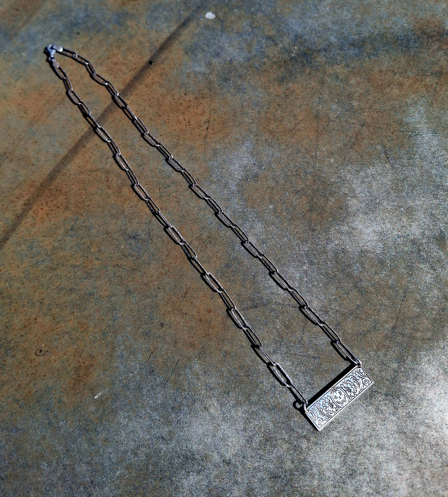 Small Sterling Pumpkin Bar Necklace - Halloween