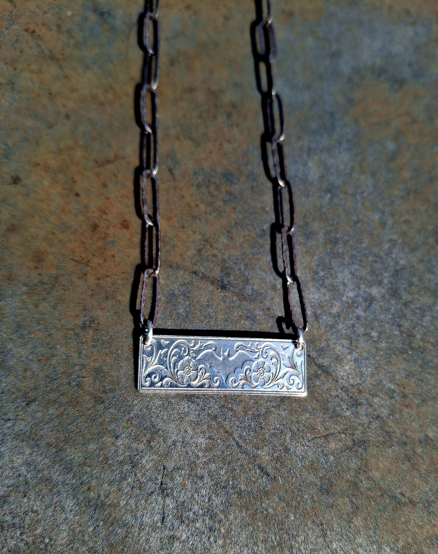 Small Sterling Bat Bar Necklace - Halloween