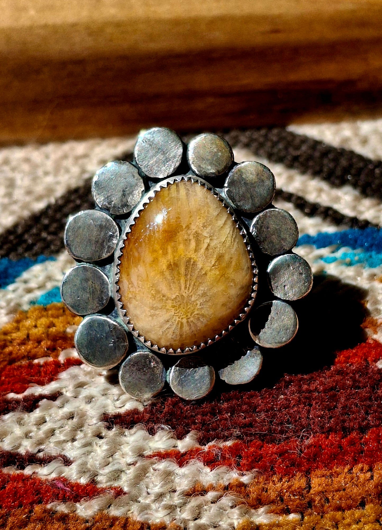 Fossilized Coral Adjustable Ring - R89