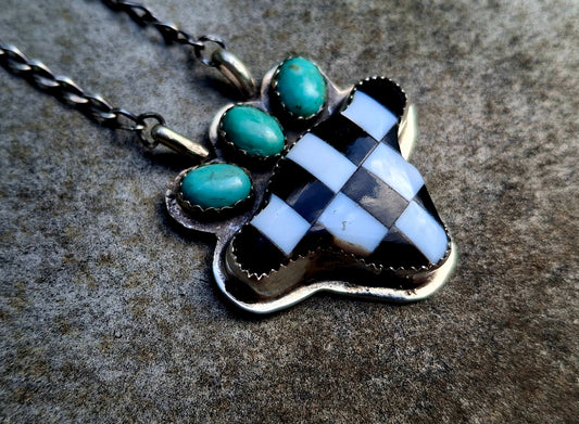 Kingman/Onyx Check Cow Head Necklace - N174