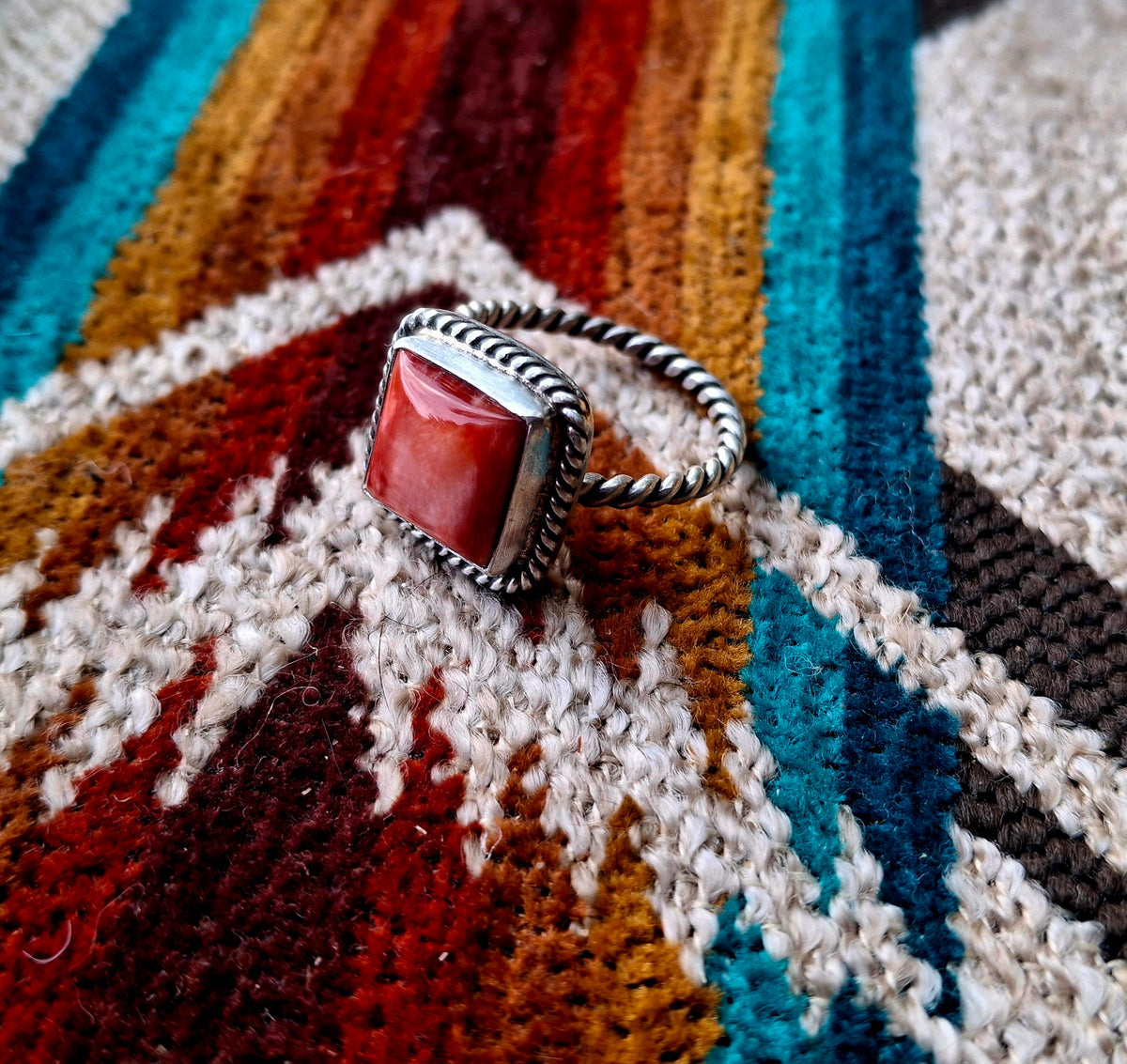 Red Spiny Square Adjustable Ring