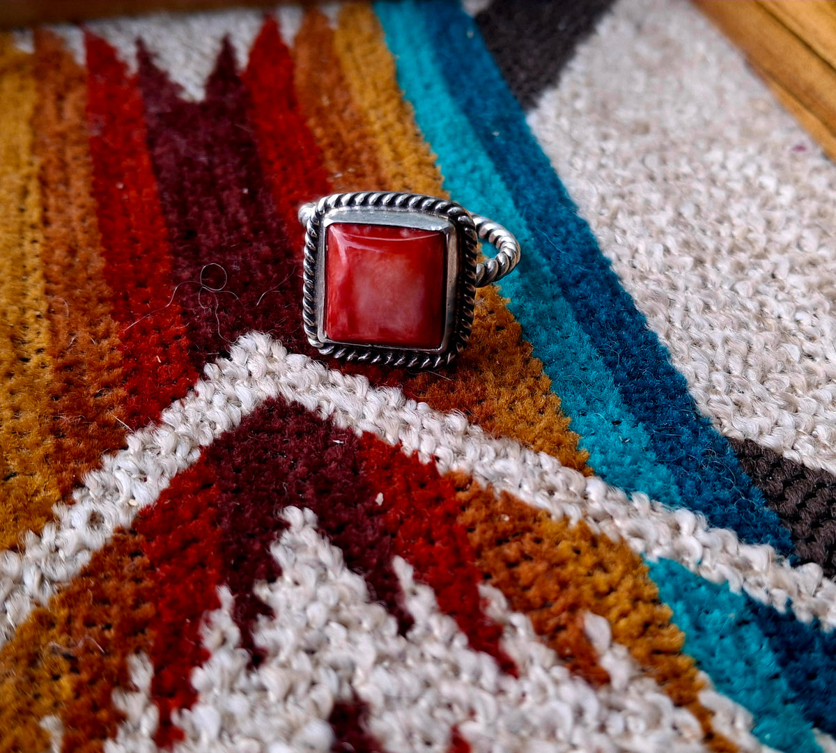 Red Spiny Square Adjustable Ring