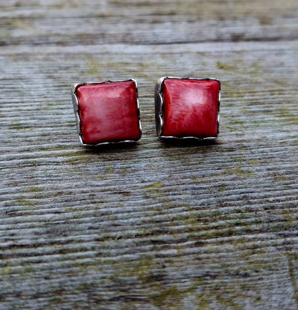 Red Spiny Square Studs