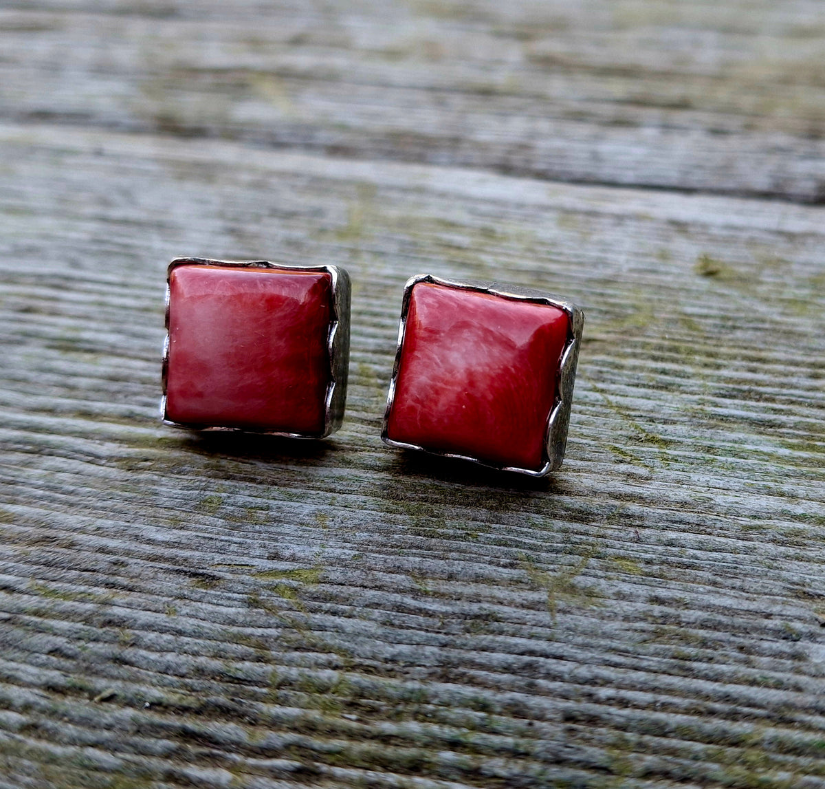 Red Spiny Square Studs