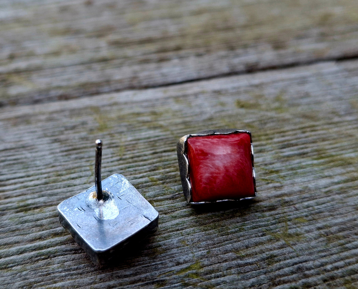 Red Spiny Square Studs
