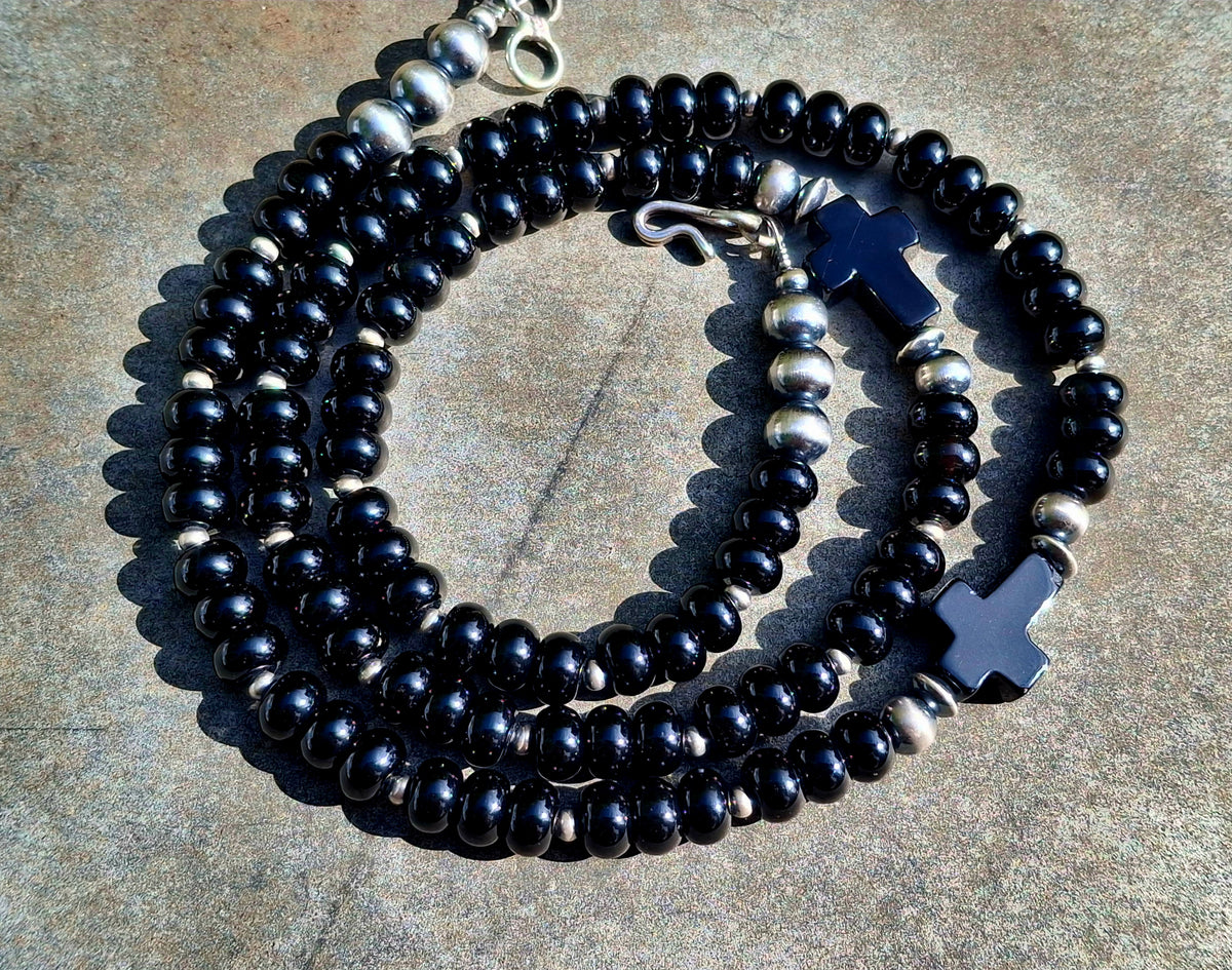 Black Onyx Cross Bead Necklace