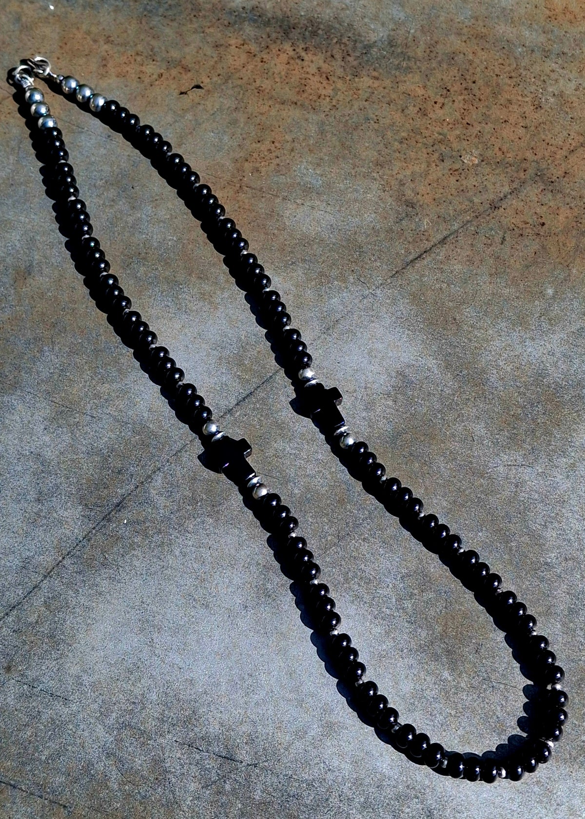 Black Onyx Cross Bead Necklace
