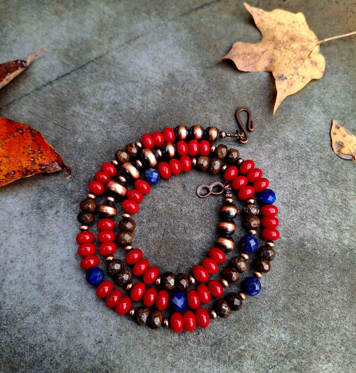 Coral/Lapis/Bronzite/Copper Bead Necklace