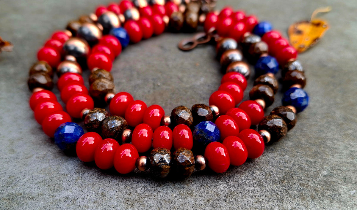 Coral/Lapis/Bronzite/Copper Bead Necklace